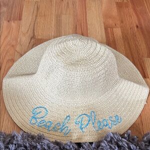 Beige Straw Sun Hat with Blue Beach Please Embroidery